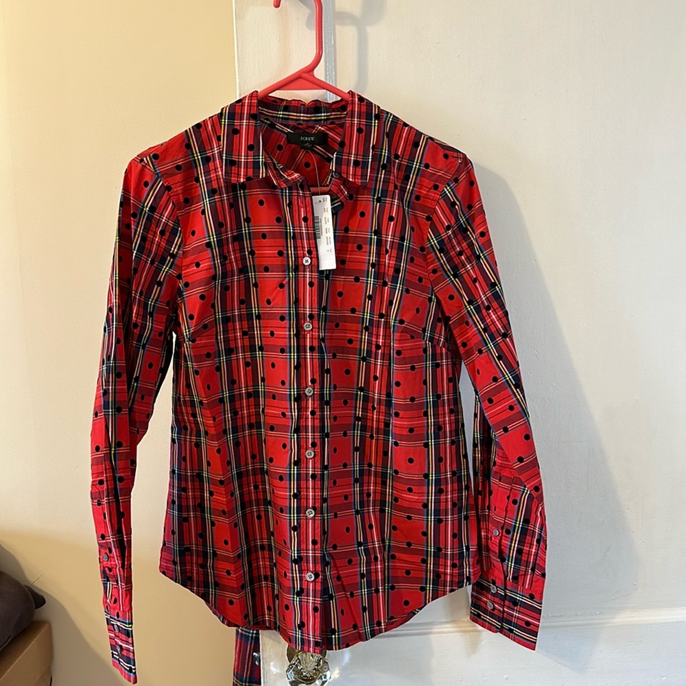NWT J Crew Slim Perfect Shirt In Red Stewart Tartan Plaid w/Velvet Dots, size 6